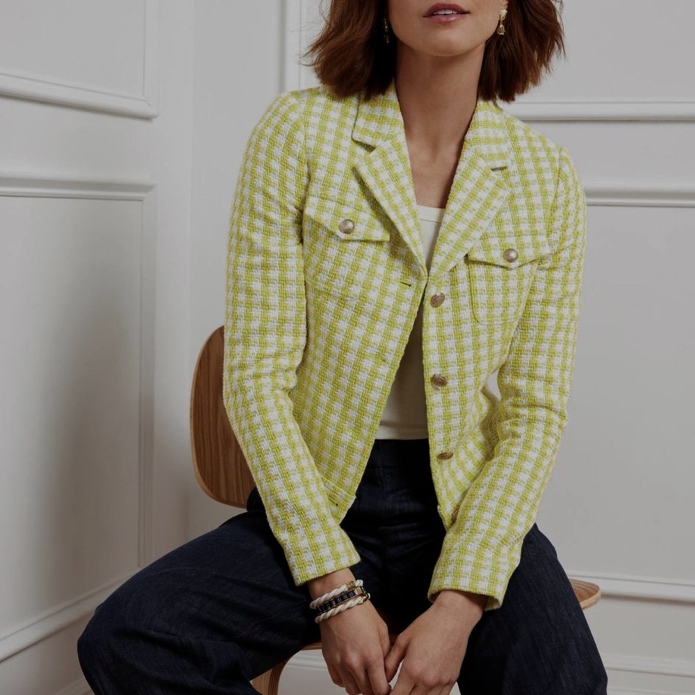 Talbots Stride Tweed Green Trench Cropped Blazer Jacket Size 8